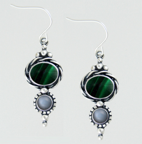 Sterling Silver Drop Dangle Earrings With Malachite And Grey Moonstone